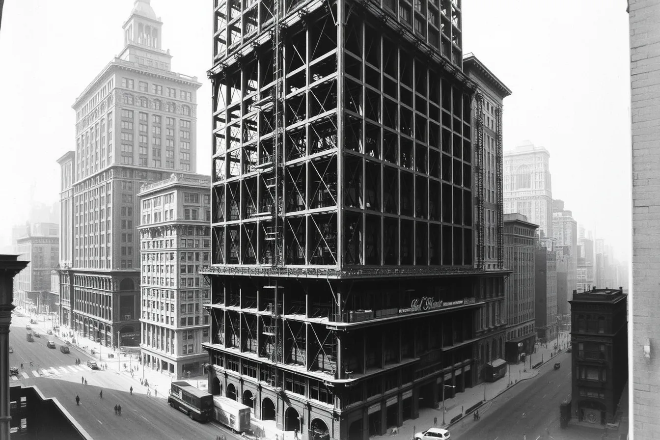 Flatiron Building steel frame under construction in 1902, New York City. Architecture, craft, and design reporting guide