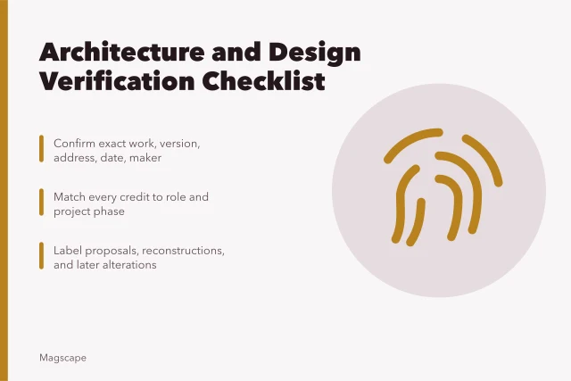 Checklist for verifying architecture and design facts, credits, dates, and alterations. Architecture and design verification checklist