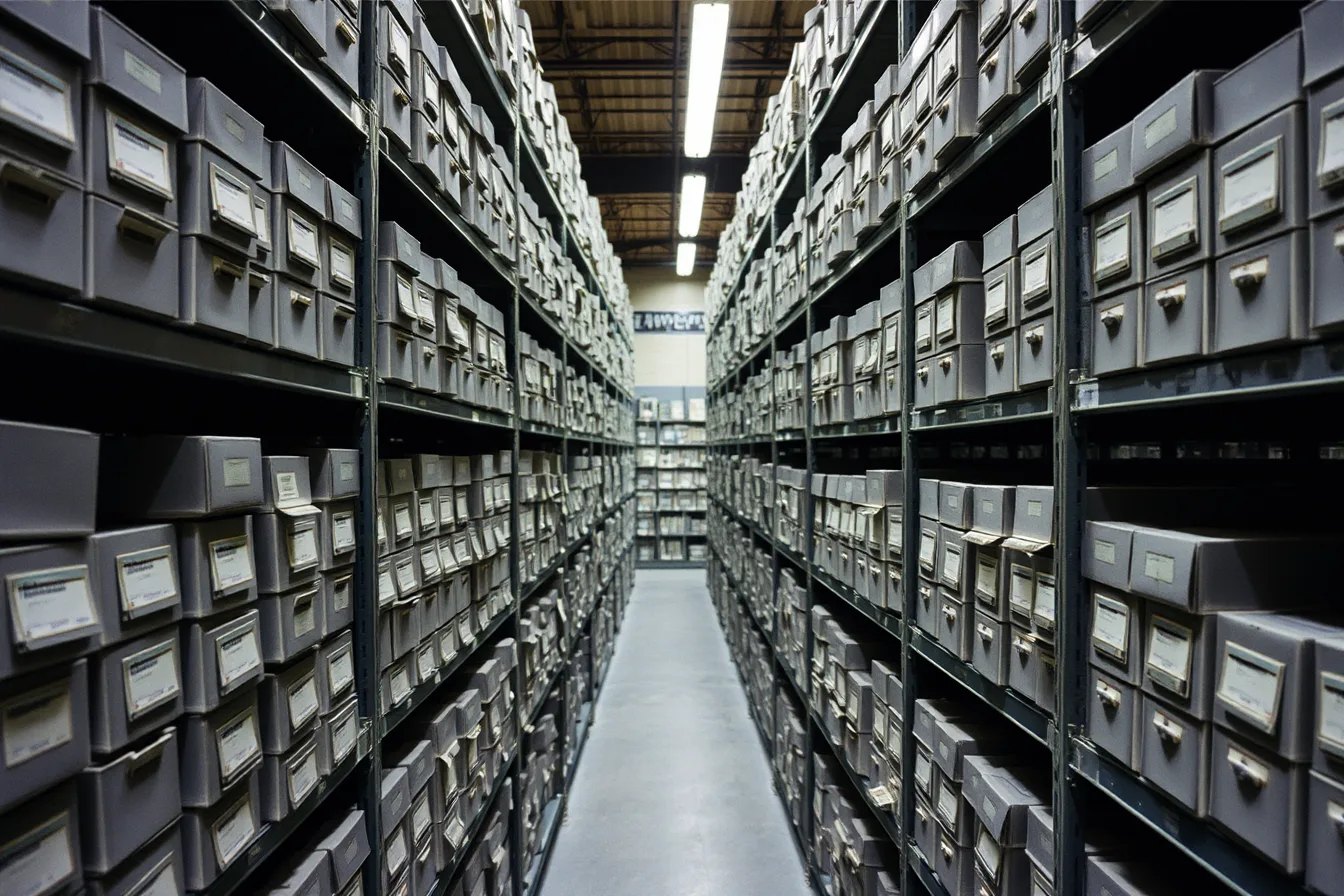 Rows of labeled archival storage boxes on metal shelving in the California State Archives. The archival research method, step by step