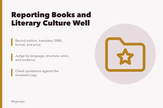 Card on reporting books, editions, quotations, and literary culture. Books and literary culture reporting: a practical guide