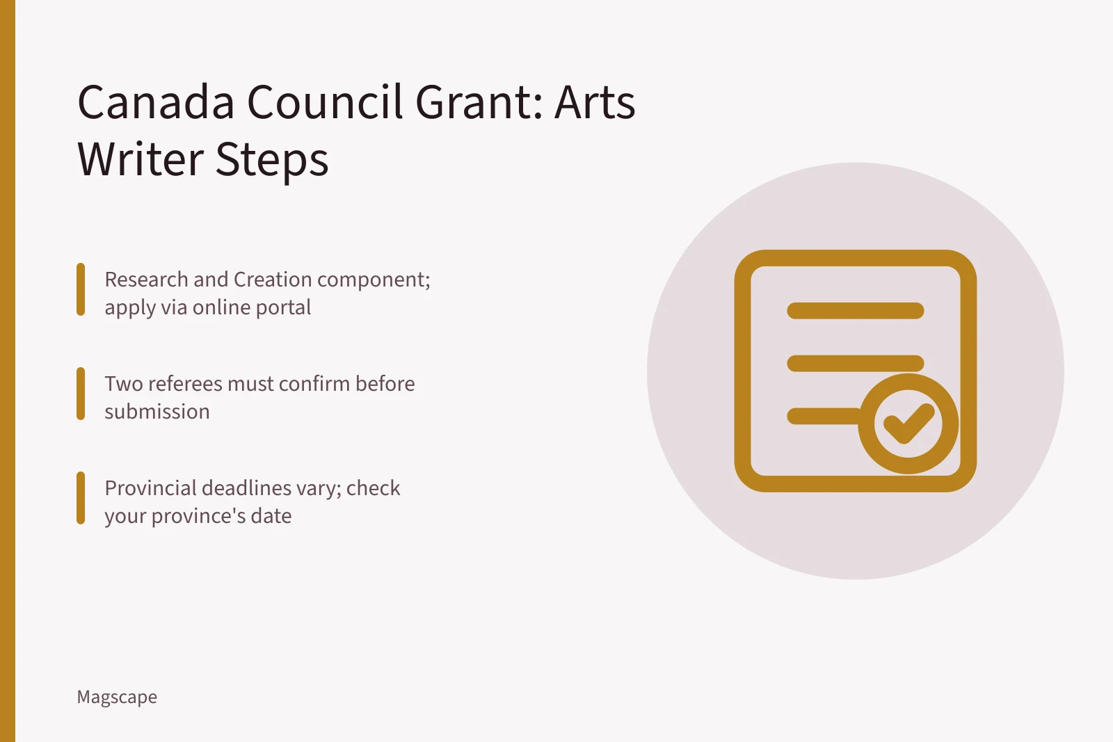 Checklist card for Canada Council arts writing grant application steps. How to Apply for a Canada Council Project Grant as an Arts Writer