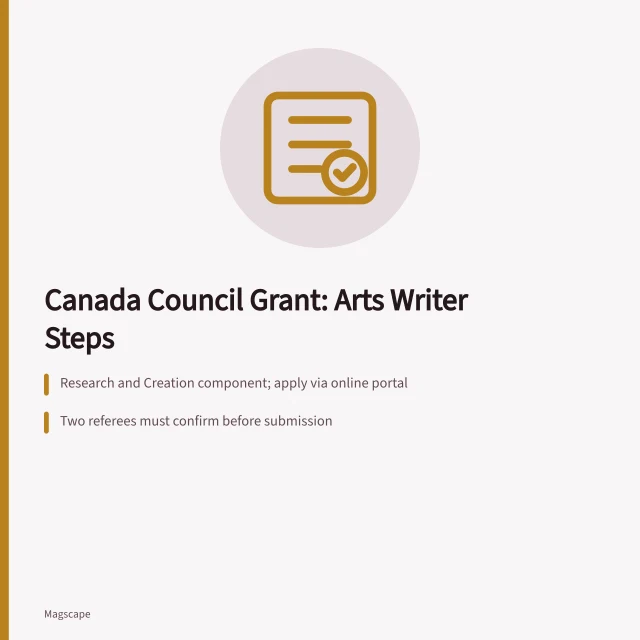 Checklist card for Canada Council arts writing grant application steps. How to Apply for a Canada Council Project Grant as an Arts Writer