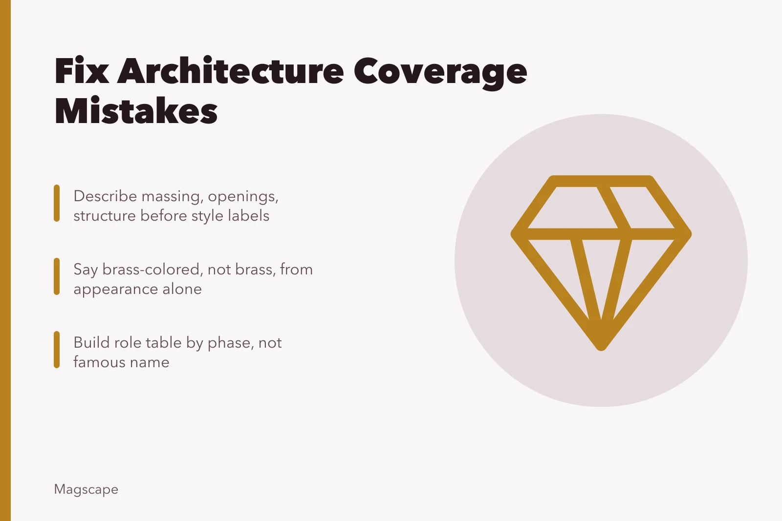 Card on architecture coverage fixes: description, materials, credits. Common architecture and design coverage problems