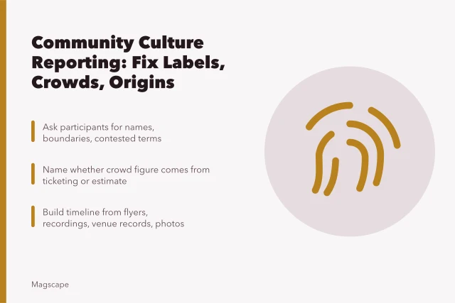 Checklist for community culture reporting: labels, crowd estimates, origin stories, consent. Common community culture reporting problems
