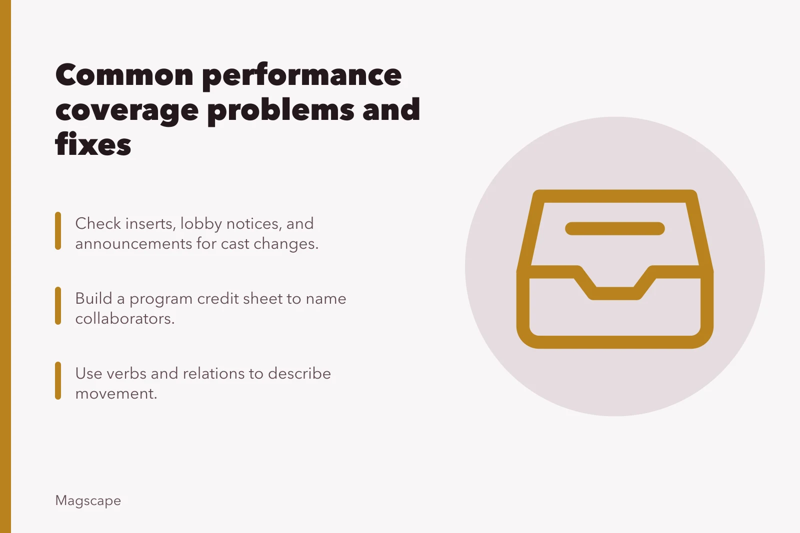Icon representing performance review coverage fixes. Common performance coverage problems and fixes