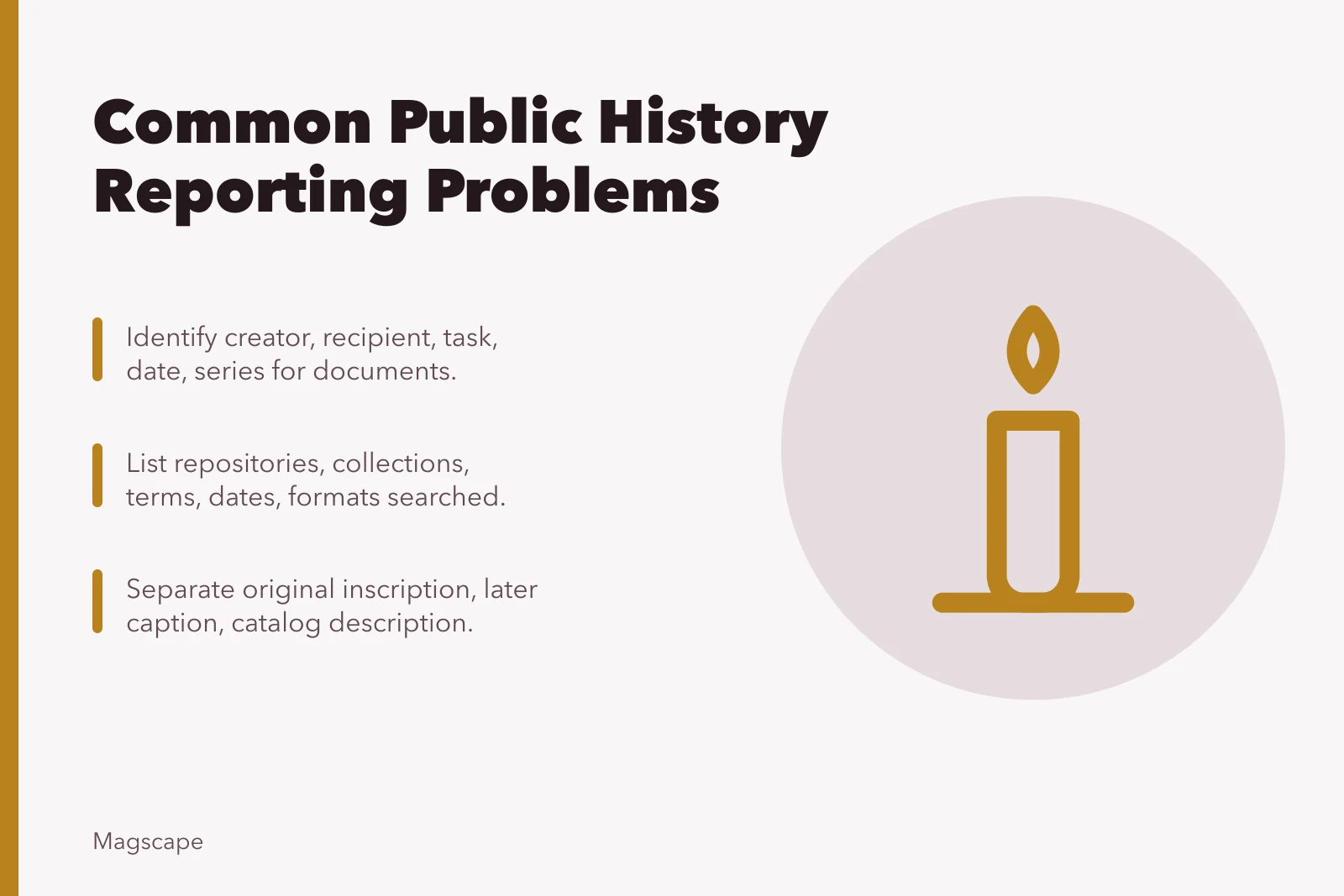 Card: Common Public History Reporting Problems with three key fixes. Common public history reporting problems
