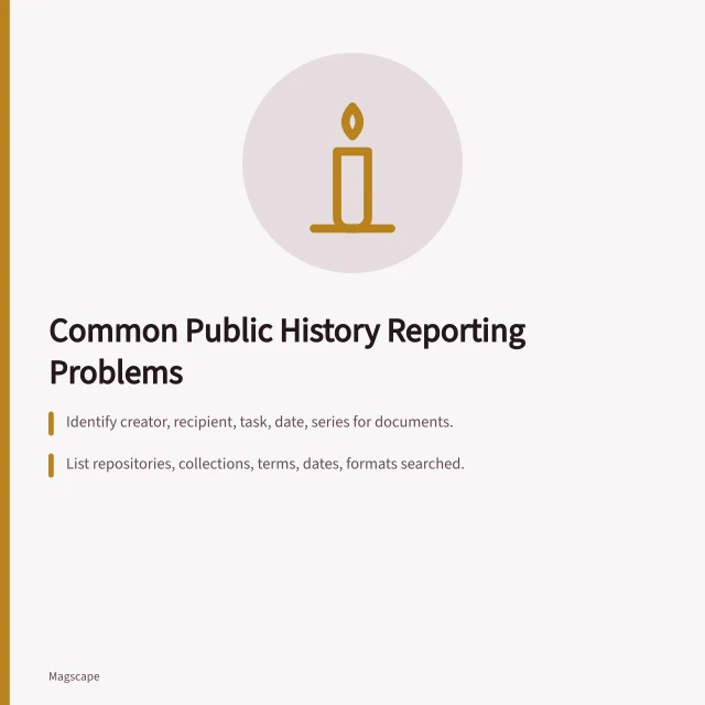 Card: Common Public History Reporting Problems with three key fixes. Common public history reporting problems