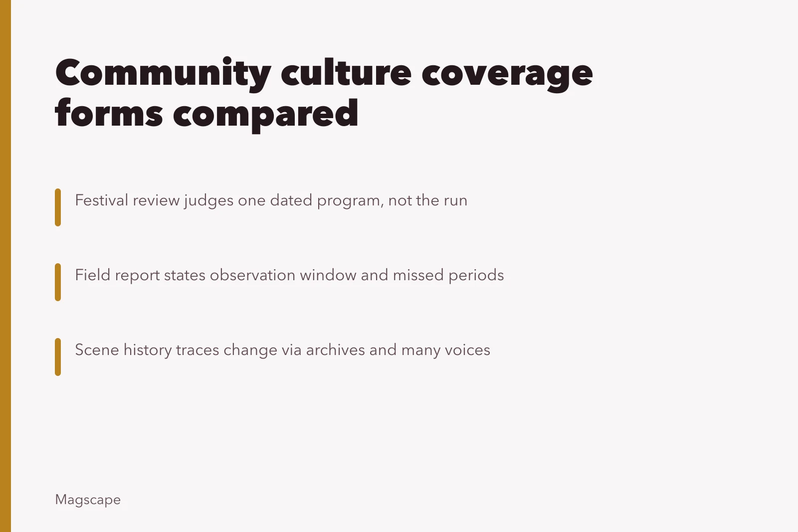 Comparison of community culture coverage formats and their evidence. Community culture coverage forms compared