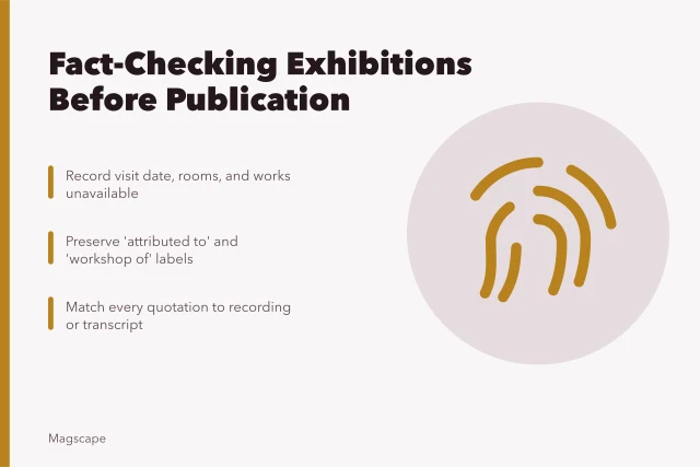 Checklist for verifying exhibition facts, labels, and quotations before publication. Exhibition reporting and fact-check checklist