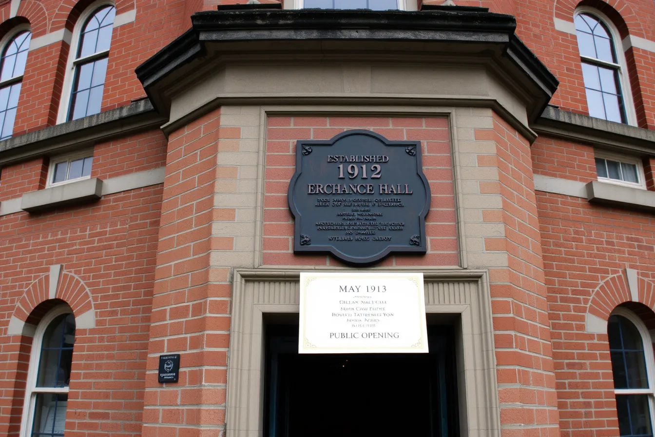 Historic brick exchange hall with bronze 1912 plaque and 1913 opening invitation. Fictional case: correcting a historic building's opening date