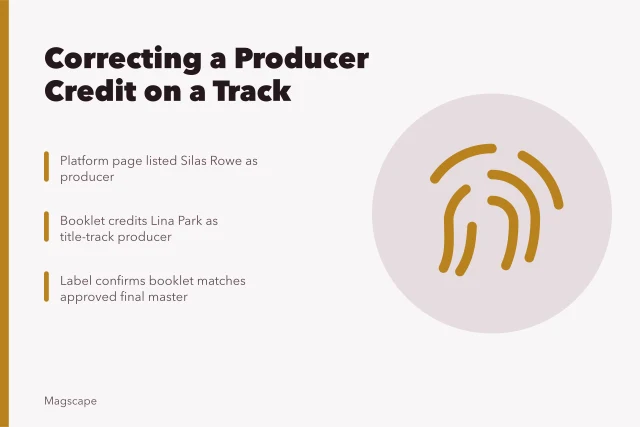 Card on correcting a producer credit against the final master. Fictional case: correcting a producer credit