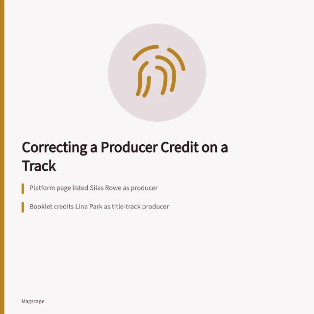 Card on correcting a producer credit against the final master. Fictional case: correcting a producer credit