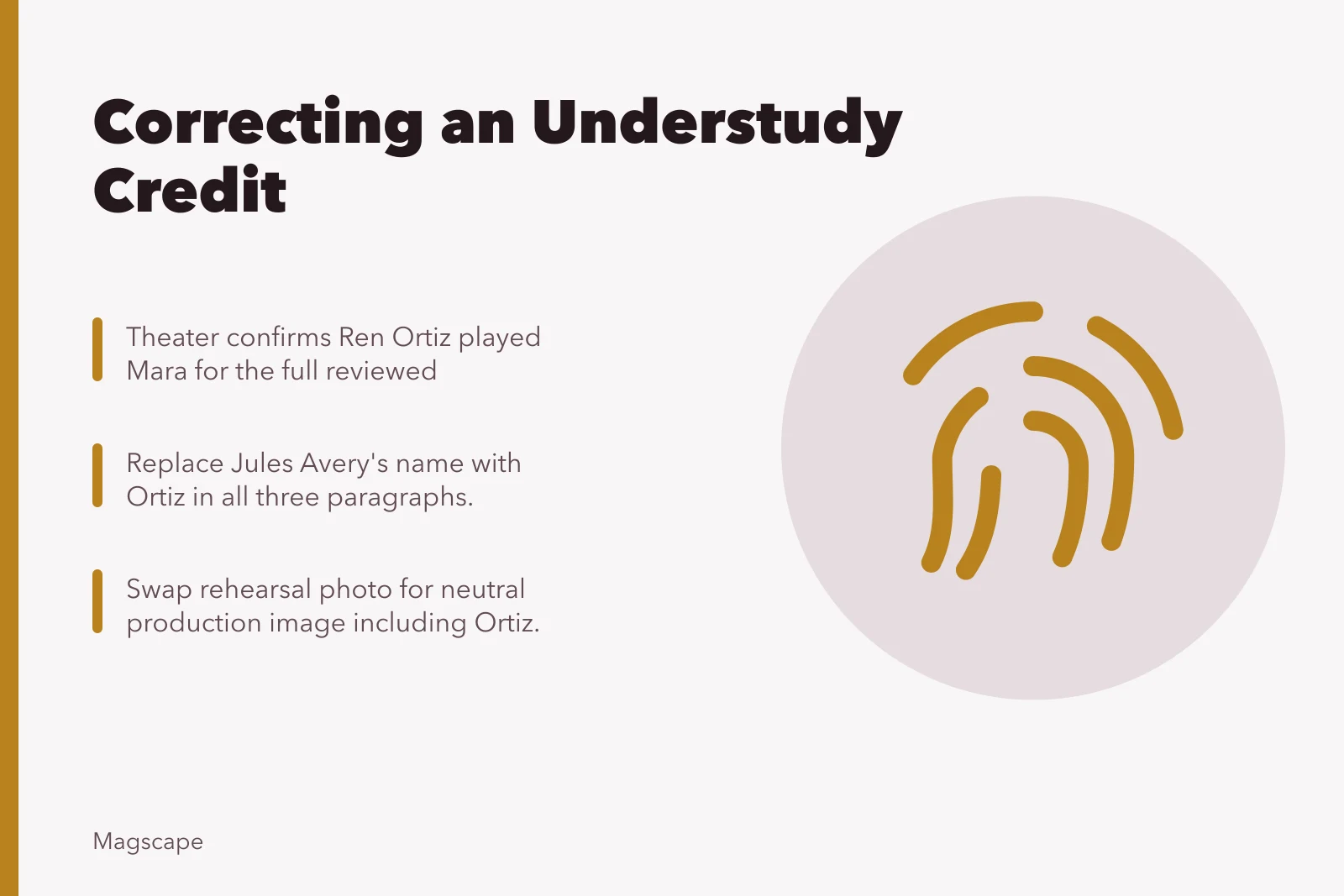 Card explaining steps to correct an understudy credit in a theater review. Fictional case: correcting an understudy credit