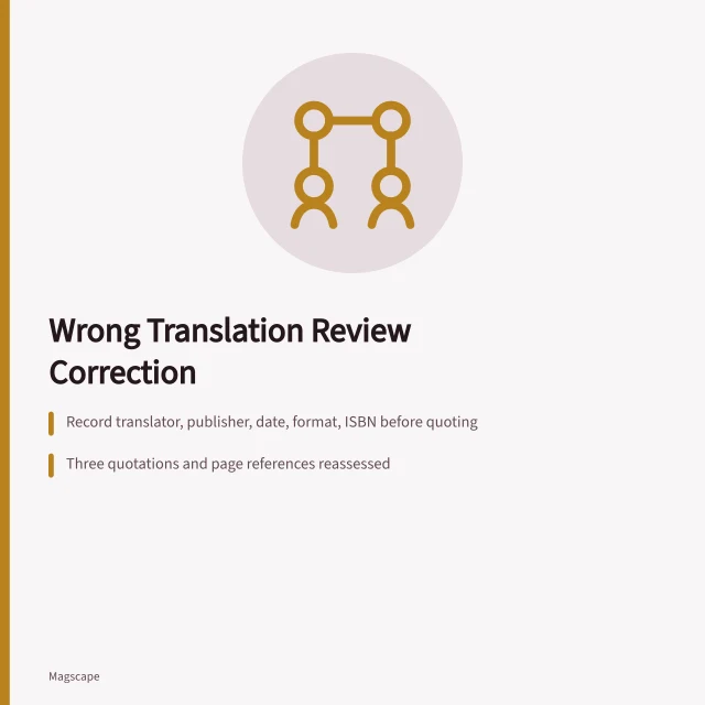 Card comparing two translations with different translators and pagination. Fictional case: the review cited the wrong translation
