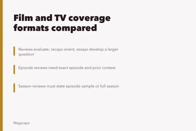 Comparison card of film and television coverage formats and evidence. Film and television coverage forms compared