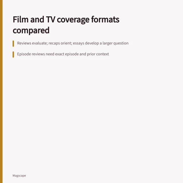 Comparison card of film and television coverage formats and evidence. Film and television coverage forms compared