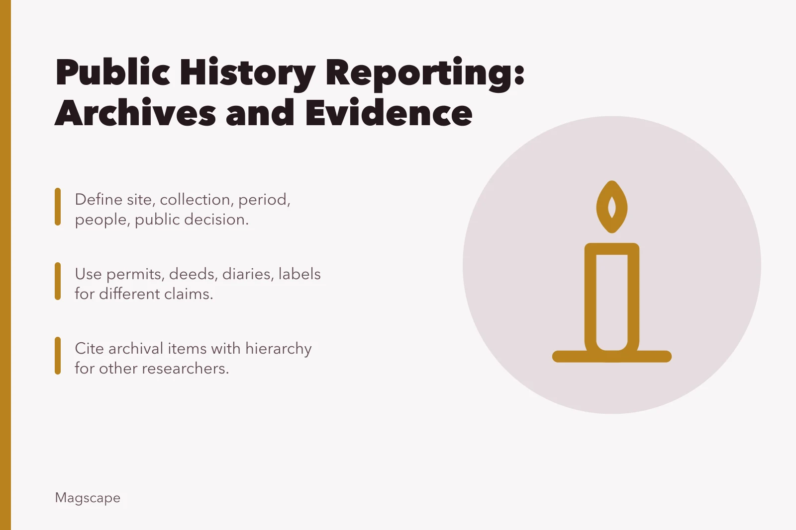 Guide to public history reporting, archives, evidence, and interpretation. Heritage, archives, and public history reporting guide