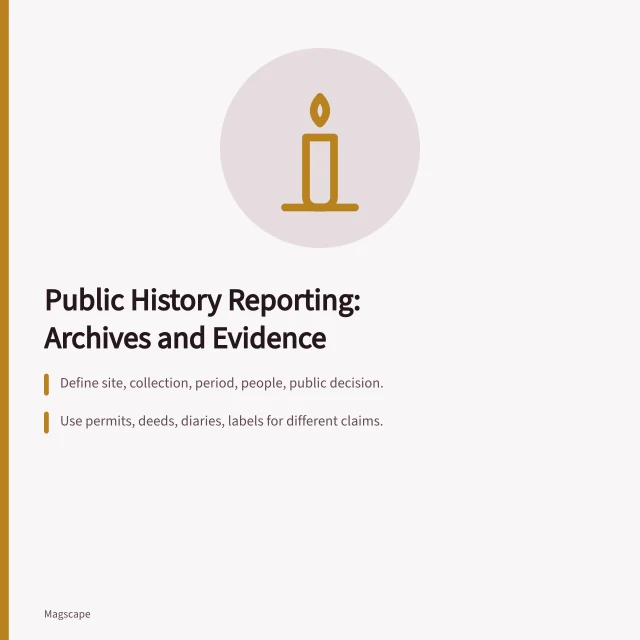 Guide to public history reporting, archives, evidence, and interpretation. Heritage, archives, and public history reporting guide