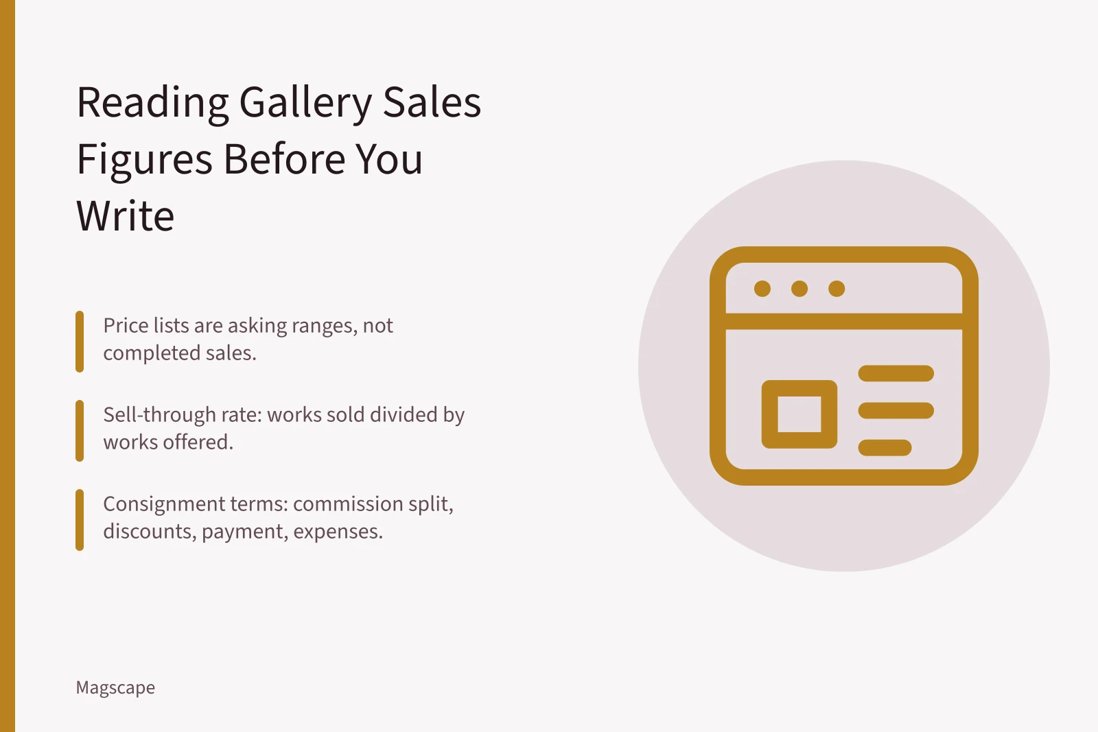 Card explaining gallery sales figures, sell-through rates, and consignment terms. How to Read a US Gallery's Sales Figures Before You Write About the Show