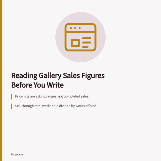 Card explaining gallery sales figures, sell-through rates, and consignment terms. How to Read a US Gallery's Sales Figures Before You Write About the Show