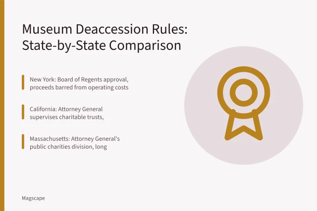 Comparison of museum deaccession rules in New York, California, Massachusetts, and other states. How Do Museum Deaccession Rules Differ by US State?