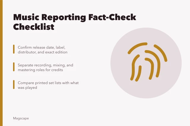 Checklist for verifying music releases, credits, and concert set lists. Music reporting and review fact-check checklist