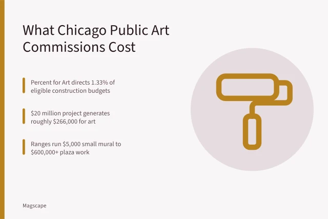 Illustration of Chicago public art commission cost ranges and Percent for Art funding. What Does a Public Art Commission Cost in Chicago This Year?