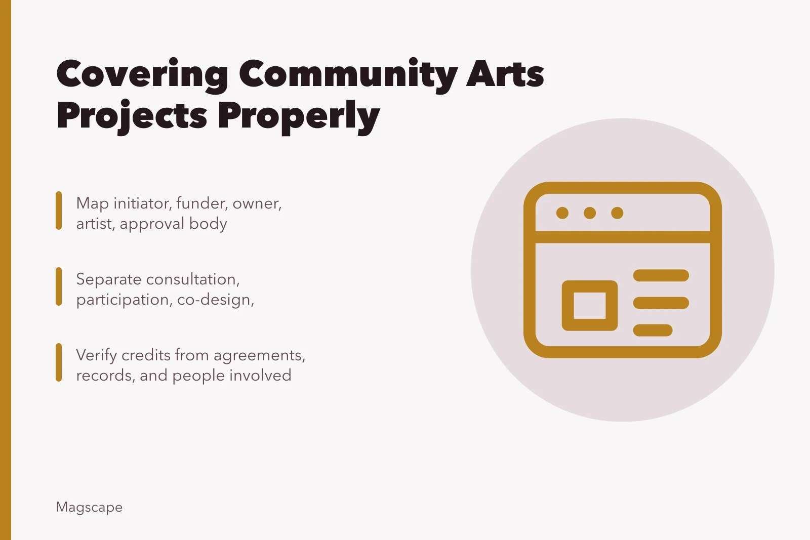 Guide to reporting community arts projects: decision maps, timelines, participation. Community arts project reporting: how to cover one properly