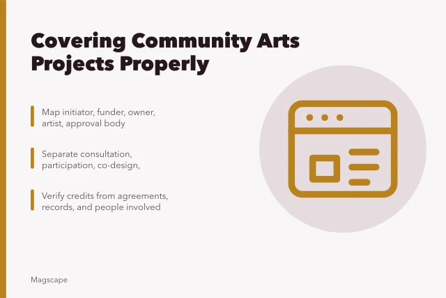 Guide to reporting community arts projects: decision maps, timelines, participation. Community arts project reporting: how to cover one properly