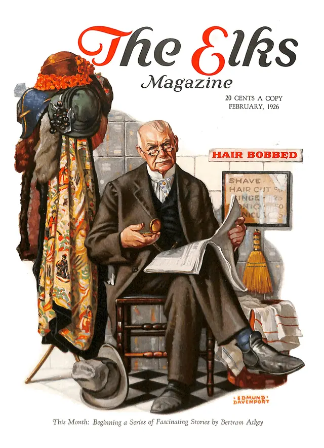 Cover of The Elks Magazine, February, 1926. A man sits on a chair, paper in one had, watch in the other. Beside him is a coat rack filled with women's coats and hats. A sign behind. How to write an art exhibition review from firsthand observation