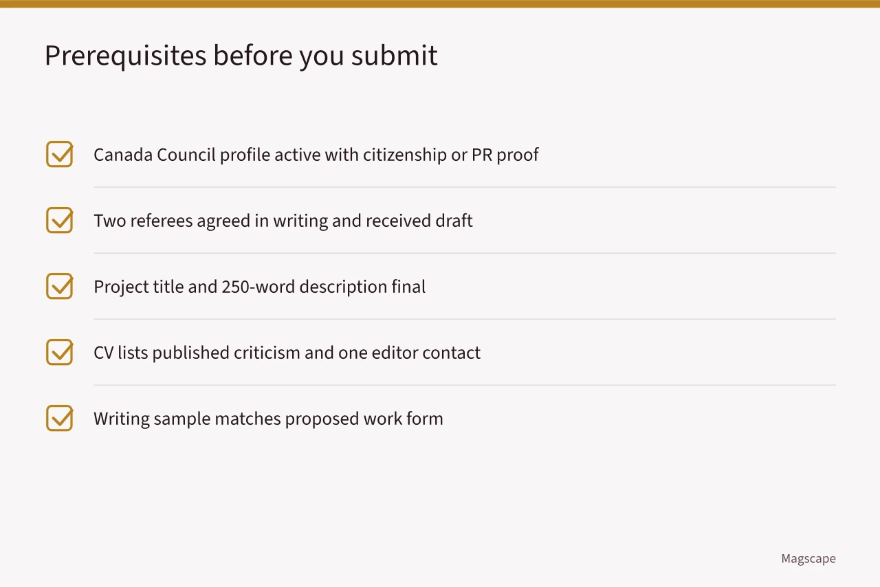Checklist of five prerequisites for a Canada Council project grant application (How to Apply for a Canada Council Project Grant as an Arts Writer)
