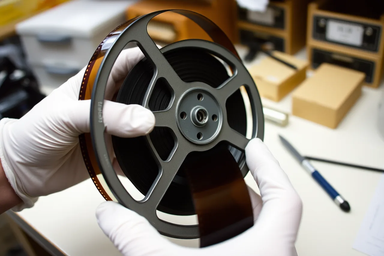 Gloved hands holding a 35mm film reel on an archival workbench (Common film and television criticism problems)