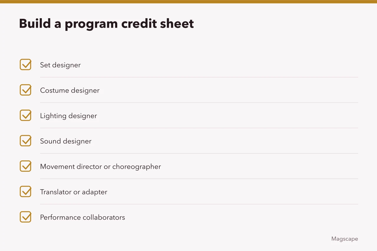 Credit sheet listing set, costume, light, sound, movement, translation, and performance collaborators (Common performance coverage problems and fixes)