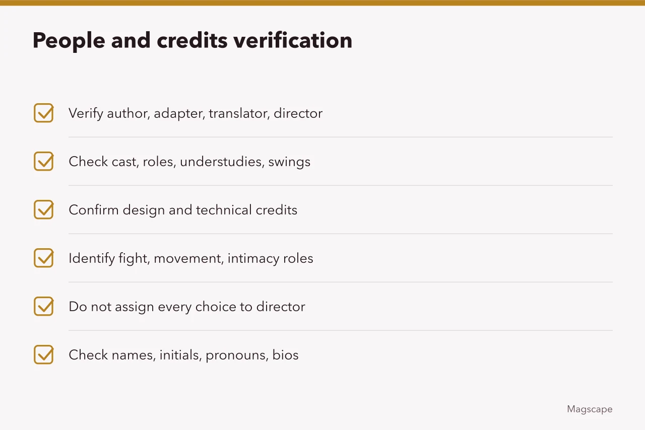 Checklist for verifying people and credits in performing arts (Performing arts reporting fact-check checklist)
