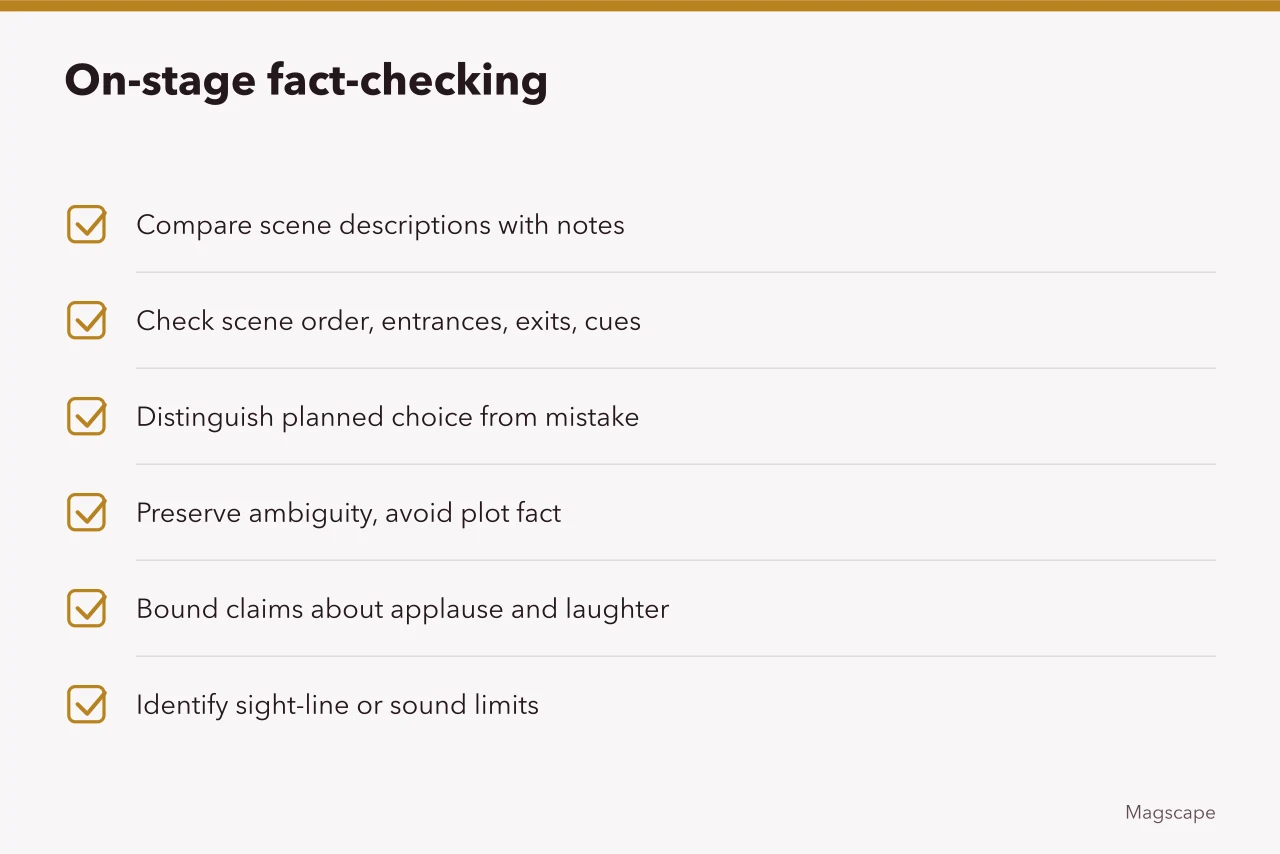 Checklist for verifying what happened on stage (Performing arts reporting fact-check checklist)